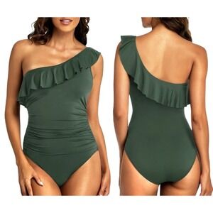 Hilor Green One Piece Swimsuit Ruched Feminine Ruffle Tummy Control Womens 8 NWT